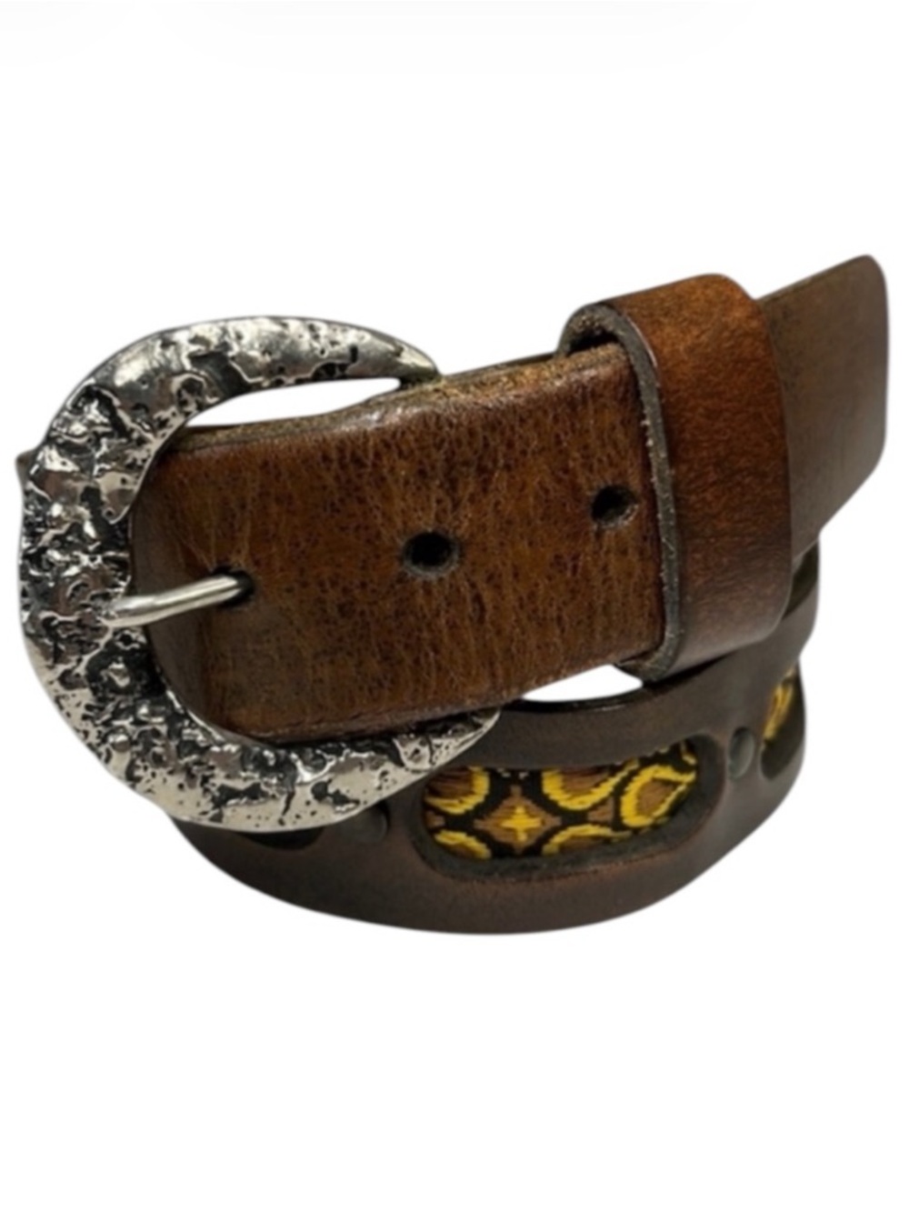 Vintage Boho Leather Belt 32 1.5” Wide Jacquard Unisex Chunky Moto Studded